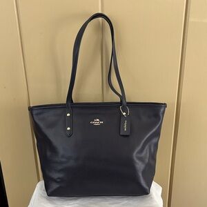 Coach Navy Pebbled Leather City Tote with Gold Accent